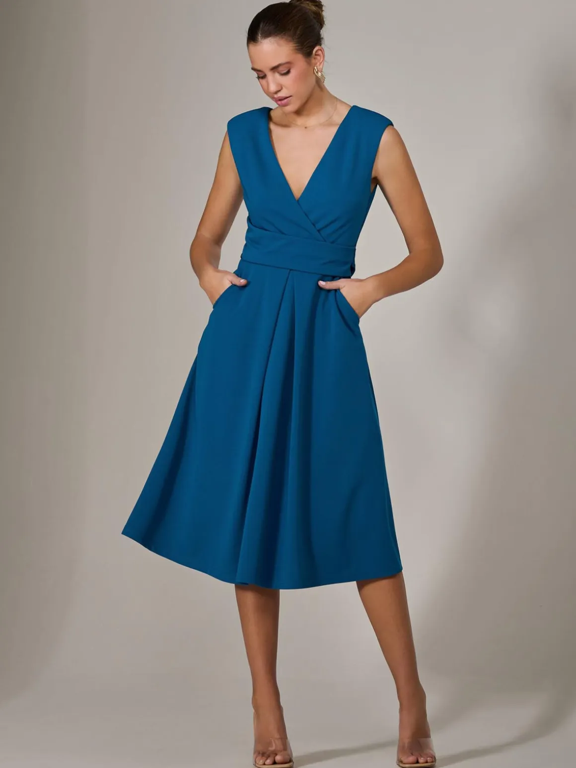 Sleeveless Tie Waist Midi Dress, Teal