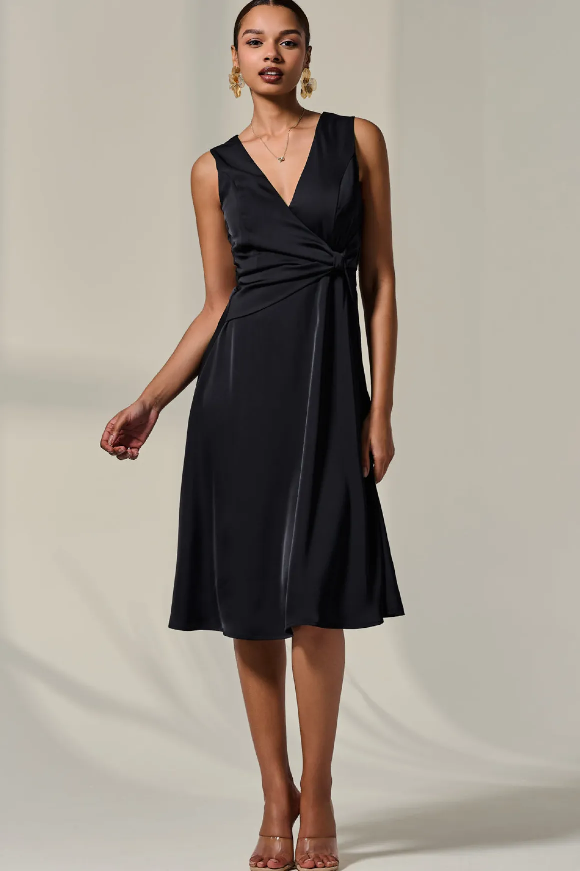 Sleeveless Waist Detail Midi Dress, Black