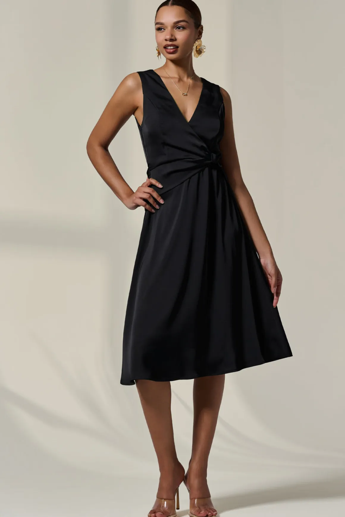 Sleeveless Waist Detail Midi Dress, Black