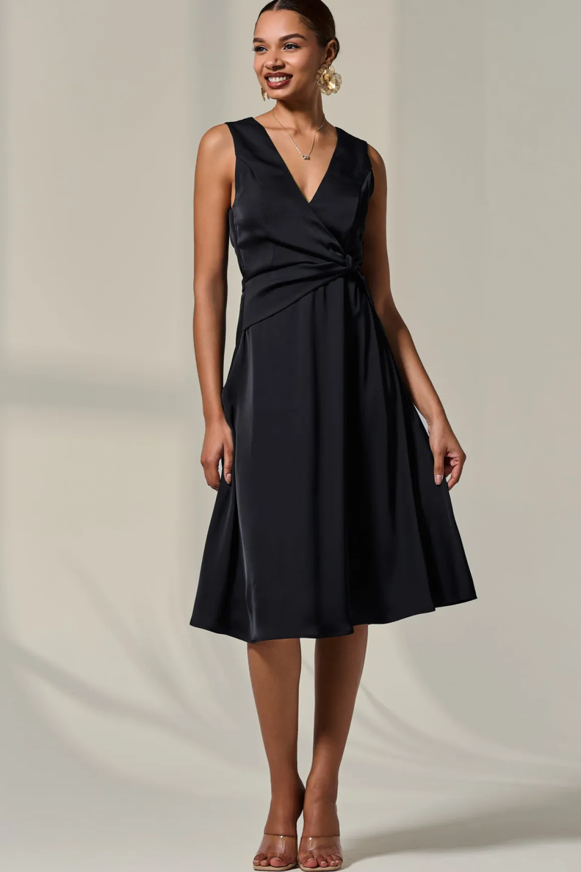 Sleeveless Waist Detail Midi Dress, Black