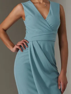 Sleeveless Wrap Front Midi Dress, Duck Egg Blue