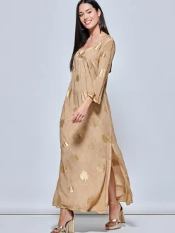 3/4 Sleeve Loose Fit Holiday Tunic Maxi Dress, Khaki Pattern