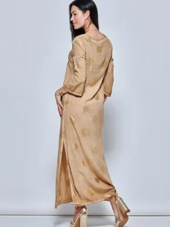 3/4 Sleeve Loose Fit Holiday Tunic Maxi Dress, Khaki Pattern