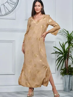 3/4 Sleeve Loose Fit Holiday Tunic Maxi Dress, Khaki Pattern