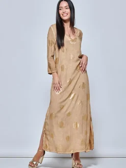 3/4 Sleeve Loose Fit Holiday Tunic Maxi Dress, Khaki Pattern