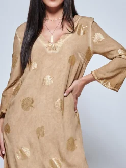 3/4 Sleeve Loose Fit Holiday Tunic Maxi Dress, Khaki Pattern