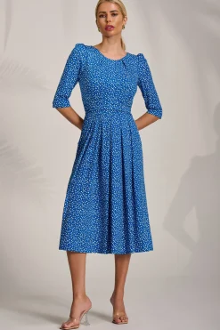 Sleeve Printed Jersey Midi Dress, Blue Ditsy
