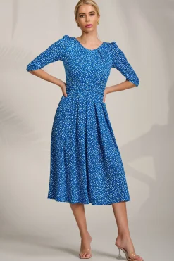 Sleeve Printed Jersey Midi Dress, Blue Ditsy