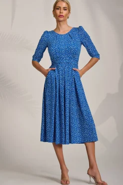 Sleeve Printed Jersey Midi Dress, Blue Ditsy