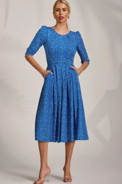 Sleeve Printed Jersey Midi Dress, Blue Ditsy
