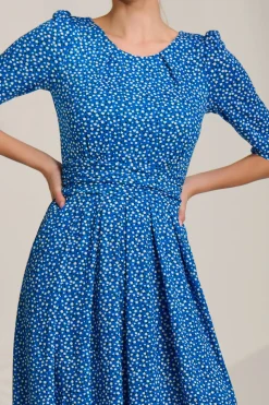 Sleeve Printed Jersey Midi Dress, Blue Ditsy