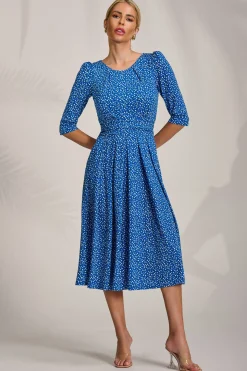 Sleeve Printed Jersey Midi Dress, Blue Ditsy
