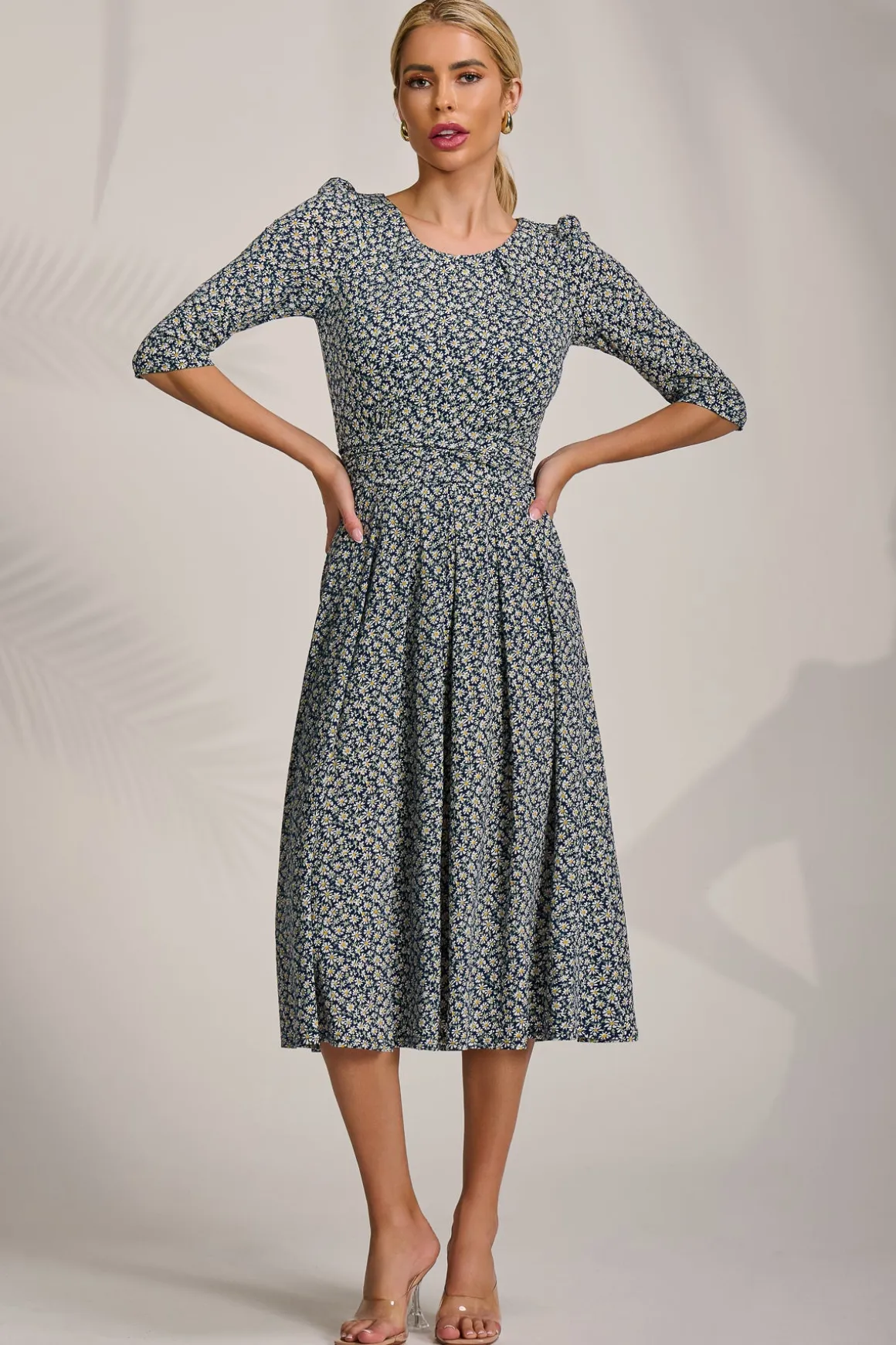 Sleeve Printed Jersey Midi Dress, Navy Ditsy