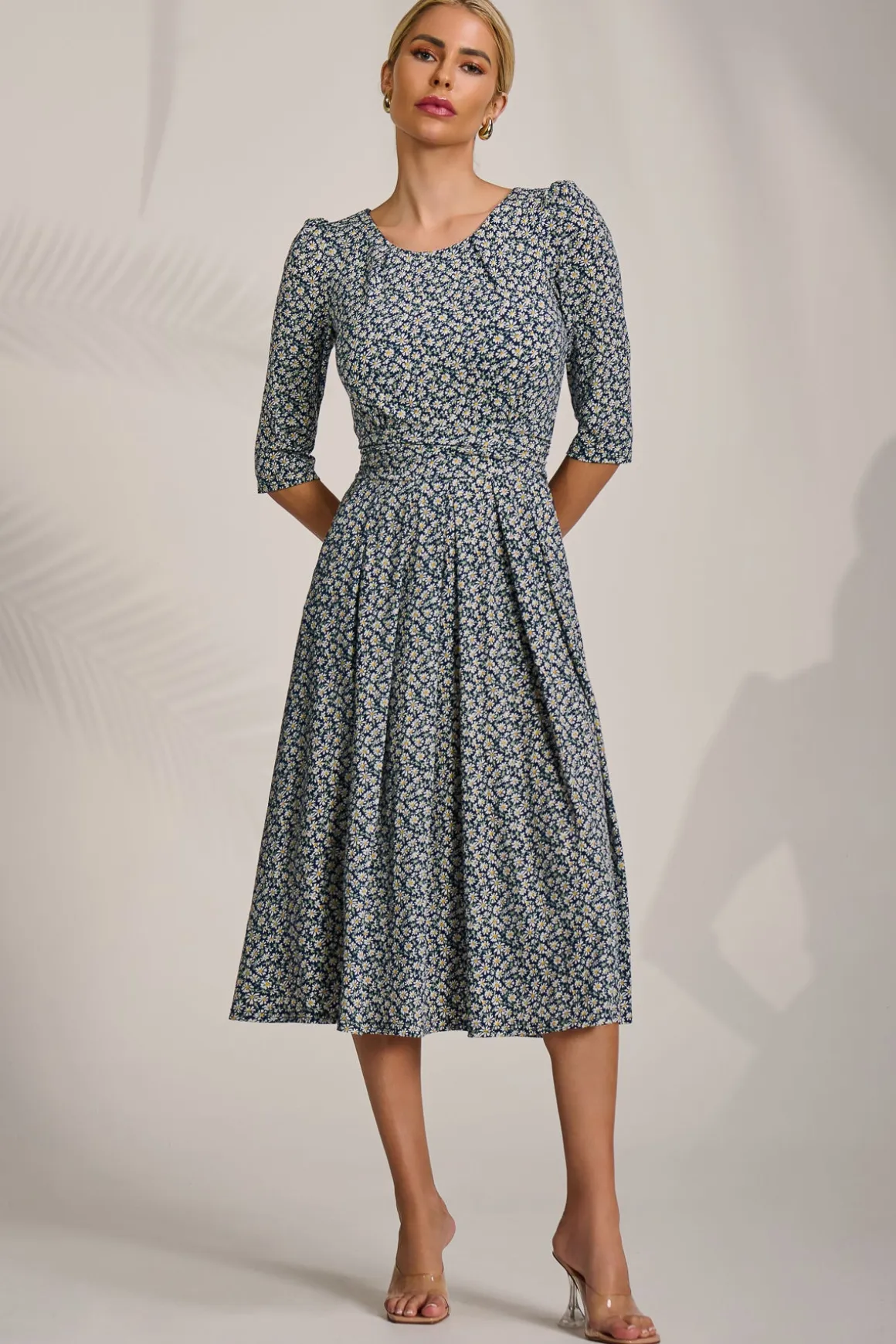 Sleeve Printed Jersey Midi Dress, Navy Ditsy