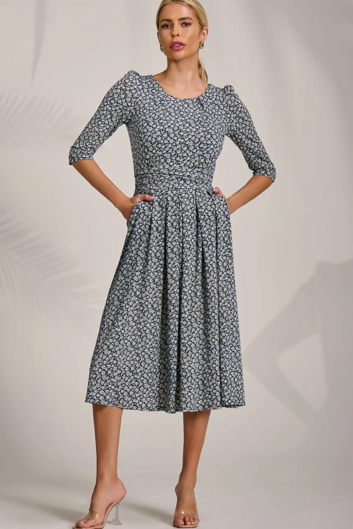Sleeve Printed Jersey Midi Dress, Navy Ditsy