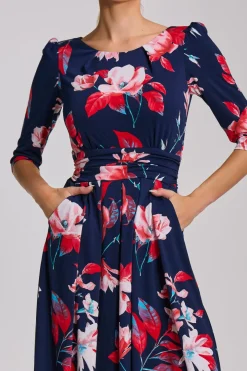 Sleeve Printed Jersey Midi Dress, Navy Floral