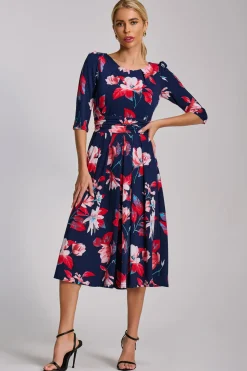 Sleeve Printed Jersey Midi Dress, Navy Floral