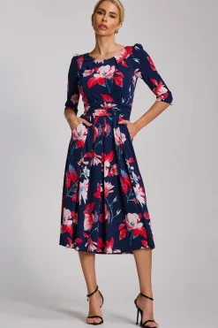 Sleeve Printed Jersey Midi Dress, Navy Floral