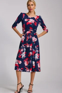 Sleeve Printed Jersey Midi Dress, Navy Floral
