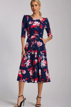 Sleeve Printed Jersey Midi Dress, Navy Floral