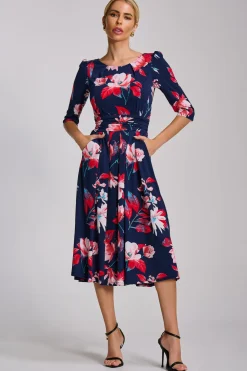 Sleeve Printed Jersey Midi Dress, Navy Floral