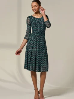 3/4 Sleeve Printed Mesh Dress, Green Geo