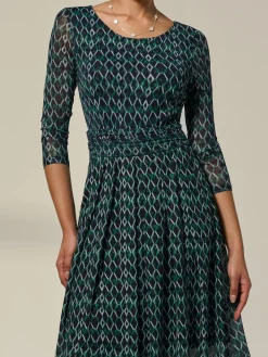 3/4 Sleeve Printed Mesh Dress, Green Geo