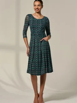 3/4 Sleeve Printed Mesh Dress, Green Geo