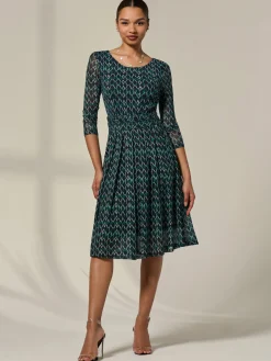 3/4 Sleeve Printed Mesh Dress, Green Geo