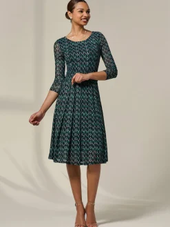 3/4 Sleeve Printed Mesh Dress, Green Geo