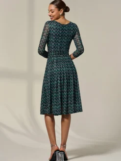 3/4 Sleeve Printed Mesh Dress, Green Geo