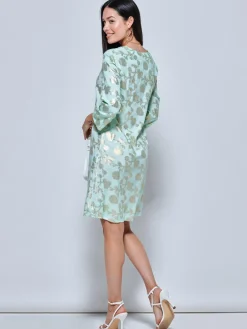 3/4 Sleeve Printed Midi Tunic Holiday Dress, Green Abstract