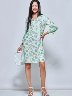 3/4 Sleeve Printed Midi Tunic Holiday Dress, Green Abstract