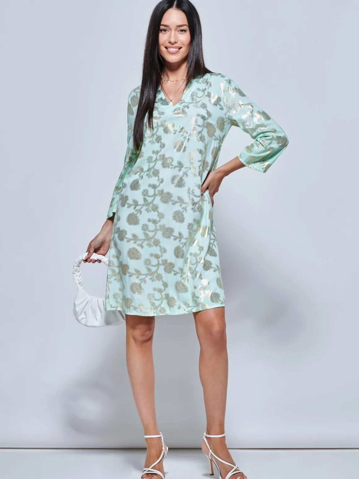3/4 Sleeve Printed Midi Tunic Holiday Dress, Green Abstract