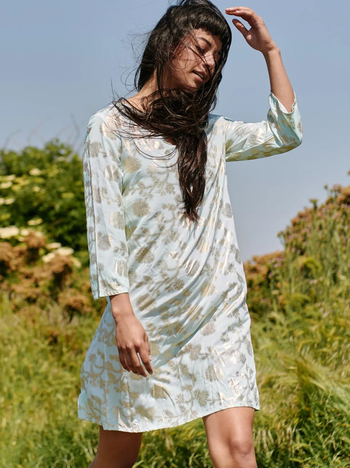 3/4 Sleeve Printed Midi Tunic Holiday Dress, Green Abstract