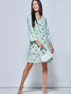 3/4 Sleeve Printed Midi Tunic Holiday Dress, Green Abstract