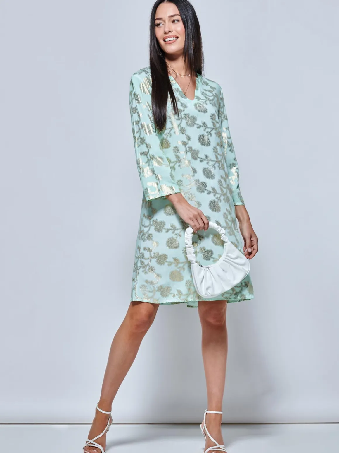 3/4 Sleeve Printed Midi Tunic Holiday Dress, Green Abstract
