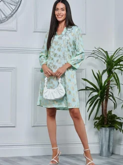3/4 Sleeve Printed Midi Tunic Holiday Dress, Green Abstract