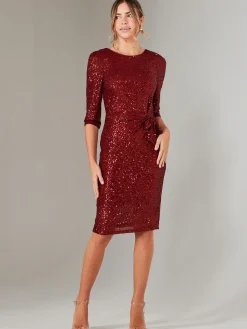 3/4 Sleeve Sequin Stretch Shift Dress, Dark Red