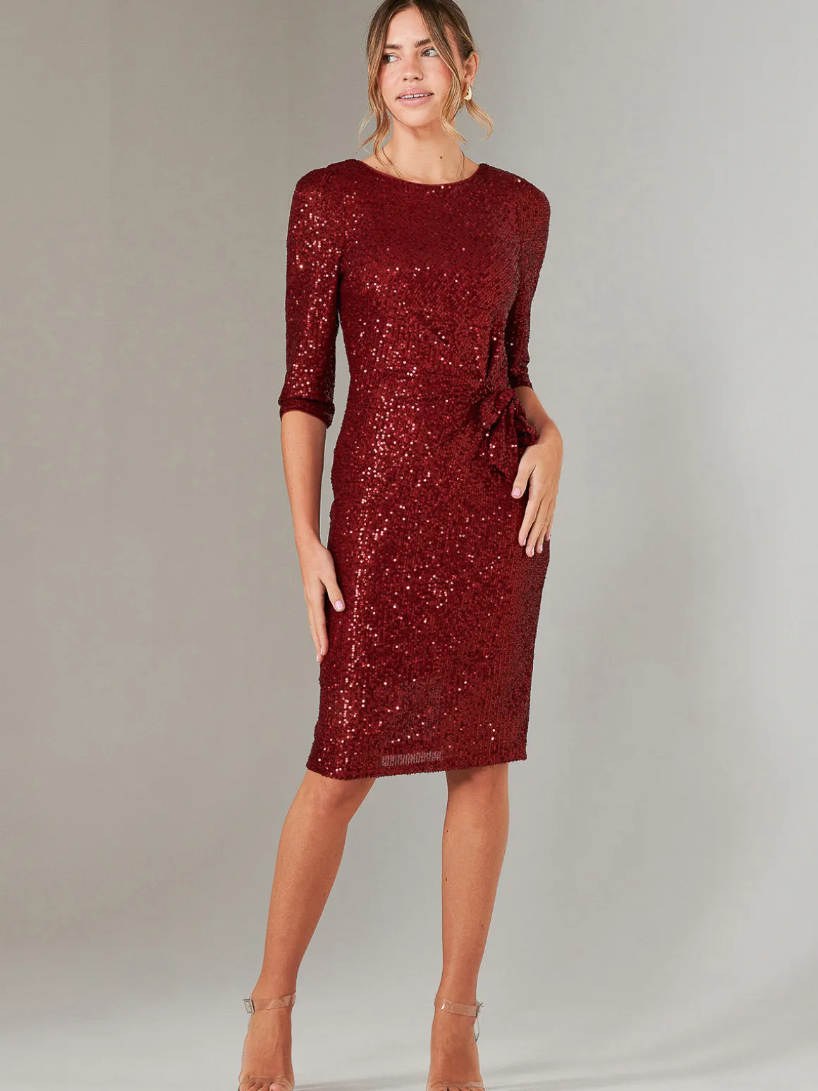 3/4 Sleeve Sequin Stretch Shift Dress, Dark Red