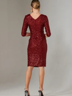3/4 Sleeve Sequin Stretch Shift Dress, Dark Red