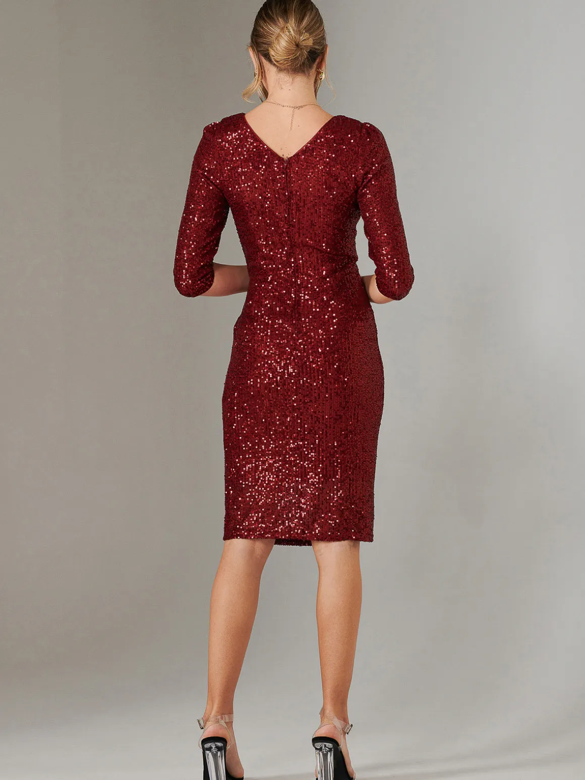 3/4 Sleeve Sequin Stretch Shift Dress, Dark Red