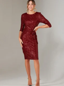 3/4 Sleeve Sequin Stretch Shift Dress, Dark Red