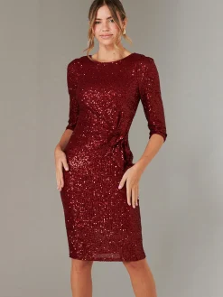 3/4 Sleeve Sequin Stretch Shift Dress, Dark Red