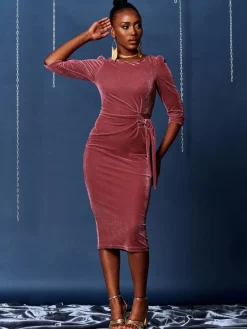 3/4 Sleeve Tie Detail Velvet Midi Dress, Pink