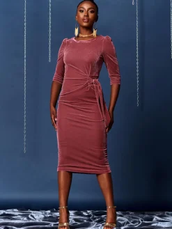 3/4 Sleeve Tie Detail Velvet Midi Dress, Pink