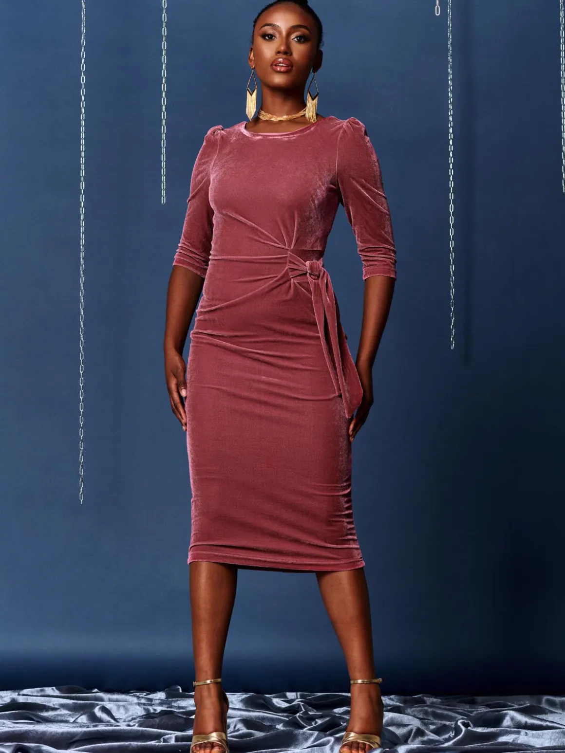 3/4 Sleeve Tie Detail Velvet Midi Dress, Pink