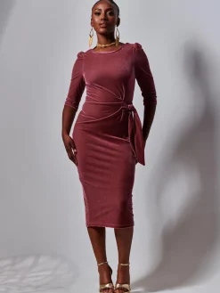 3/4 Sleeve Tie Detail Velvet Midi Dress, Pink