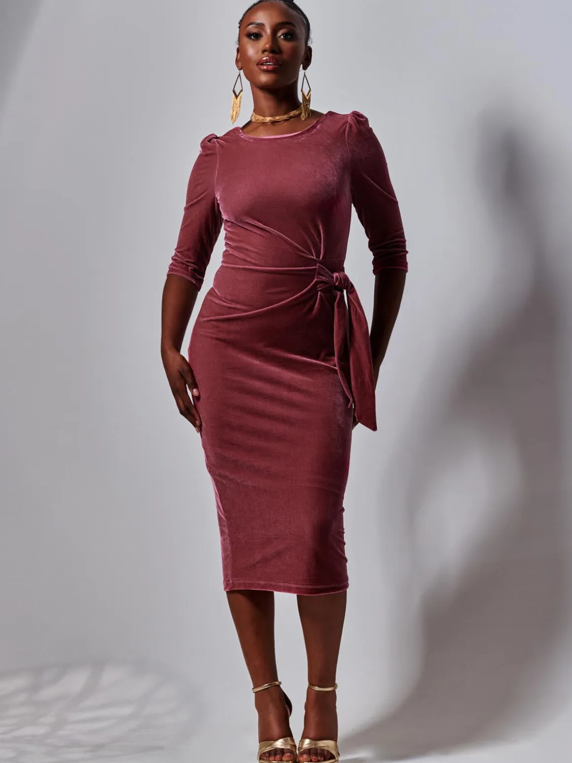 3/4 Sleeve Tie Detail Velvet Midi Dress, Pink