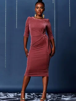 3/4 Sleeve Tie Detail Velvet Midi Dress, Pink